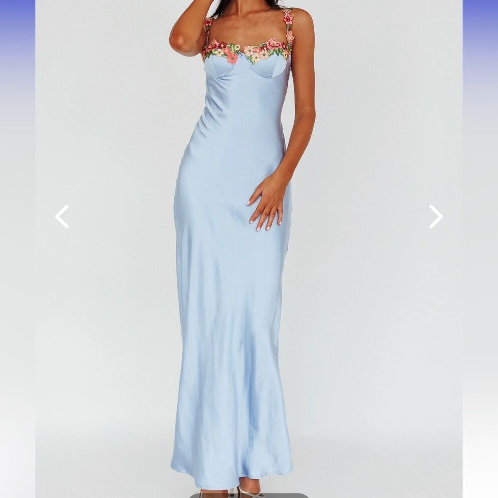 ANGEL BIBA ROSE GARDEN FLORAL APPLIQUE MIDI DRESS BLUE XS NWT